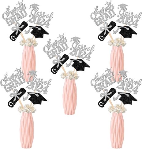 12 PCS Double Sided Glitter Class of 2024 Graduation Party Centerpiece Sticks 2024 Diploma Graduation Cap Centerpieces Table Toppers for 2024 Graduation Party Flower Decorations Supplies Gold in Saudi Arabia