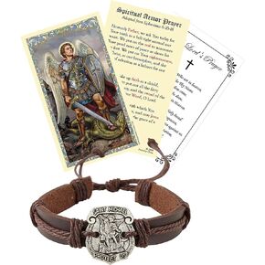 St Michael Bracelet - with St Michael Prayer Card, The Lord's Prayer | Brown Faux Leather Archangel Michael Bracelet with Medal | Saint Michael Bracelet with Catholic Prayer Cards Set | 3 Items Total