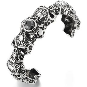 COOLSTEELANDBEYOND Heavy and Sturdy Mens Steel Skull Cuff Bangle Bracelet with Black Cubic Zirconia, Biker, Masculine
