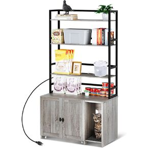 GAOMON Cat Litter Box Enclosure, Hidden Cat Litter Box Furniture, Large Double Door Cat House with 3 Shelves and Charging Station, Push-Pull Mobile Chassis, Grey