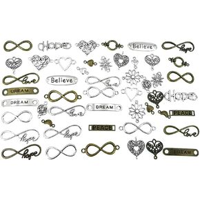 Infinity Inspiration Words Lettering Charm Pendant Connector Bracelet Bead Charm Linker for DIY Jewelry Making Findings(50pcs,Silver&Bronze Tones)