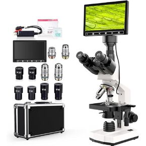 Lab Trinocular Compound Microscope with 40X-2500X Magnification, Dual-View Microscope for Adults Kids Student with 7’’ Screen, Built in 5MP Camera, Dual Illumination, Abbe Condenser (White)