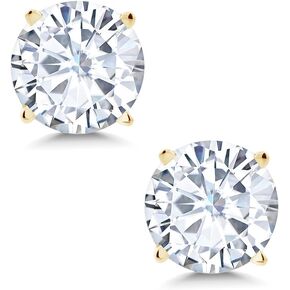 Gem Stone King 14K Yellow Gold White Moissanite from Charles & Colvard 4 Prong Stud Earrings | 1.60 Cttw | Round 6MM | Gold Earrings for Women