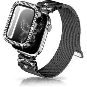 Magnetic Band for Women Compatible with Apple Watch Band 38mm 40mm 41mm 42mm 44mm 45mm Milanese Stainless Steel Loop with Bling Protective Case, Dressy Metal Strap Replacement iWatch Band