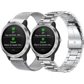 20mm Metal Bands for Garmin VivoActive 5/3,Forerunner 165/55/245/645 Watch Band, Garmin Venu/Venu Sq/Sq 2/Venu 2 Plus Watch Band, 2Pack 20mm Stainless Steel Wristband Strap for Men Women
