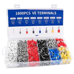 Baomain 1800pcs سلك النحاس تجعيد موصل كيت AWG 22/20/18/16/14/12/10/8 متنوعة الطويق معزول دبوس نهاية الحبل مجموعة أبيض رمادي أحمر أسود أزرق رمادي أصفر