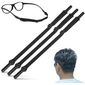 Glasses Strap Sports, 3 Pcs Eyeglasses Straps for Sunglasses, Adjustable Anti Slip Glasses Holder Bands for Kids, Men and Women, Black No Tail Eyewear Retainer(8-13 Inch)