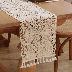 meioro Crochet Lace Table Runner, 10x48 Inch Boho Cotton Table Runners with Tassels, Rustic Farmhouse Table Decoration 48 Inches Long, Mesh Woven Table Decor for Wedding Bridal Shower Party