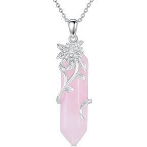 Rose Quartz Necklace for Women Crystal Hexagonal Pendant with Copper Flower Jewelry Gifts for Mother Mom Girls Gift