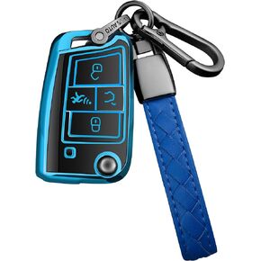 Sindeda for Volkswagen Key Fob Cover with Keychain Soft Full Protection Key Shell Key Case Compatible with VW Tiguan Golf Jetta Polo Atlas Skoda (Blue)