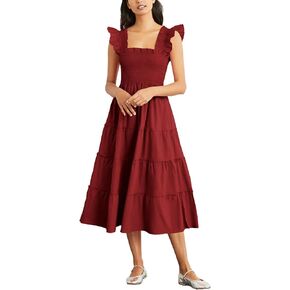 Rooscier Women's Square Neck Smocked Ruffle Sleeveless Sundress Tiered A Line Midi Dress