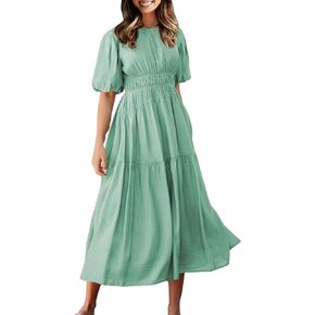 ECOWISH Summer Dresses for Women 2024 Casual Short Puff Sleeve Crew Neck Smocked High Waist A Line Tiered Midi Dress