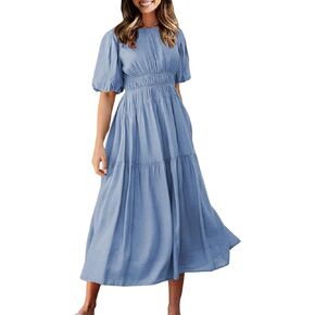 ECOWISH Summer Dresses for Women 2024 Casual Short Puff Sleeve Crew Neck Smocked High Waist A Line Tiered Midi Dress