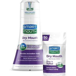 SmartMouth Package with Dry Mouth Activated Mouthwash - 16 Fl Oz, Soothing Mint & Dry Mouth Dual-Action Mints - 50 Count, Mellow Mint