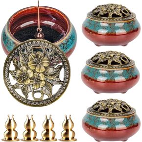 4 Pcs Ceramic Incense Burner with Copper Lid Metal Incense Holder Lotus Cone Incense Burner for Sandalwood Palo Santo Sage Cones Meditation Yoga Spa Gifts Room Decor (Blue)