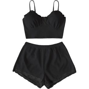 SweatyRocks Women's 2 Piece Sleepwear Lace Trim Ribbed Crop Cami Top and Shorts Pajama Set