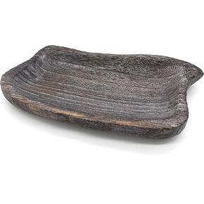 CVHOMEDECO. Primitives Solid Wood Decorative Tray Vintage Hand Carved Wooden Candle Bowl Rustic Treenware Home and Office Décor Art, 16x8x2 Inch