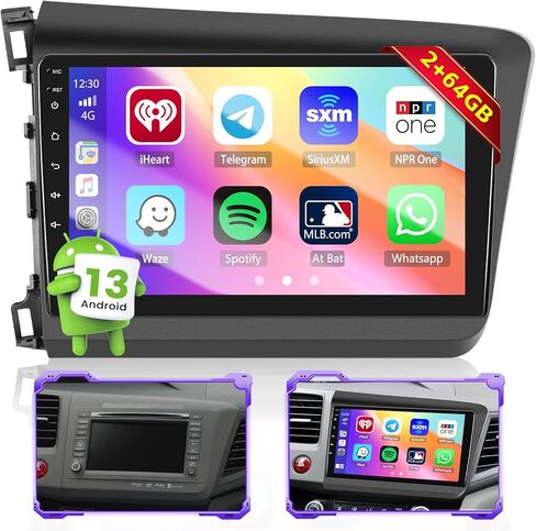 Hikity 4+64GB for 2012-2015 Honda Civic Android Car Stereo with Wireless Apple Carplay Android Auto, 9'' Touchscreen in-Dash GPS Navigation WiFi, 32EQ DSP, BT 5.0, SWC, MIC, Backup Camera in Saudi Arabia