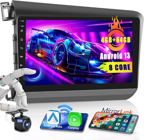 Hikity 4+64GB for 2012-2015 Honda Civic Android Car Stereo with Wireless Apple Carplay Android Auto, 9'' Touchscreen in-Dash GPS Navigation WiFi, 32EQ DSP, BT 5.0, SWC, MIC, Backup Camera in Saudi Arabia