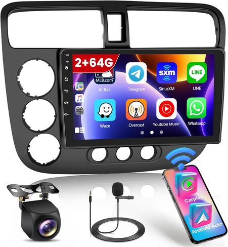 Roinvou [2G+64G] Car Radio for Honda Civic 2001-2005 (LHD) with Wireless Carplay/Android Auto, 9 Inch Android 13 IPS Touch Screen Car Stereo, Bluetooth, GPS Navi, WiFi, SWC, 28UI, DSP + Backup Camera in Saudi Arabia