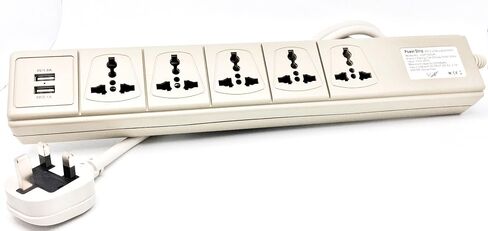 Multi-outlet Universal Power Strip with 2 USB Ports and 5-Outlets 110 Volt to 250 Volt Surge Protector, 3750 Watts 15 Amp, Worldwide Use with USA Plug (USP500) in Saudi Arabia
