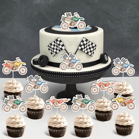 Jollboom 24Pcs Dirt Bike Cupcake Toppers Boys, Motorcycle Birthday Decorations Double-sided Printing Cupcake Topper for Dirt Bike Motorcycle Motocross Extreme Sports Racing Birthday Baby Shower Party in Saudi Arabia