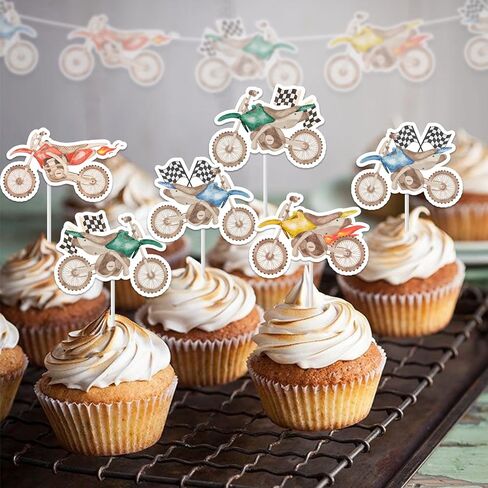 Jollboom 24Pcs Dirt Bike Cupcake Toppers Boys, Motorcycle Birthday Decorations Double-sided Printing Cupcake Topper for Dirt Bike Motorcycle Motocross Extreme Sports Racing Birthday Baby Shower Party in Saudi Arabia