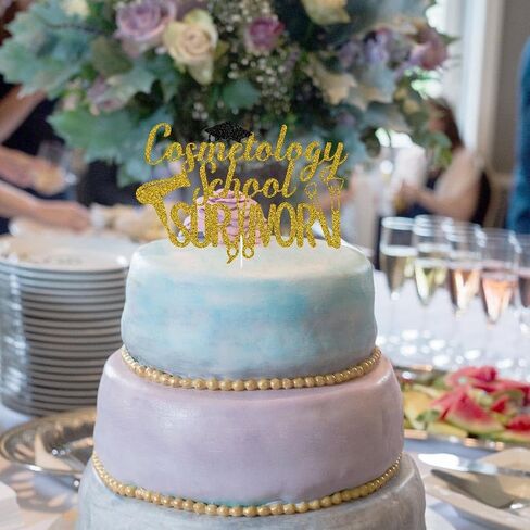 غلاف كعكة الناجي من مدرسة التجميل، لقد فعلت ذلك، تهاني الحلاق/مصفف الشعر/مصفف الشعر، تهانينا، 2024 ديكورات حفلات التخرج ذهبي وأسود لامع in Kuwait