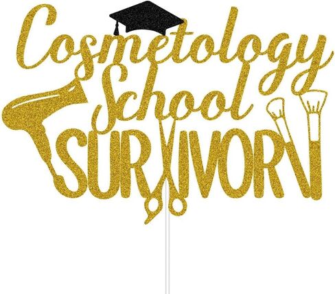 غلاف كعكة الناجي من مدرسة التجميل، لقد فعلت ذلك، تهاني الحلاق/مصفف الشعر/مصفف الشعر، تهانينا، 2024 ديكورات حفلات التخرج ذهبي وأسود لامع in Kuwait