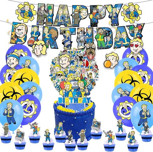 88Pcs Game Party Supplies, Survival Theme Birthday Party Supply Set Includes Happy Birthcday Banner,1 Cake Topper,6 Hanging Swirls, 50 Sticker, 12 Cupcake Toppers,16Balloons,For Kinds Party Decor in Saudi Arabia