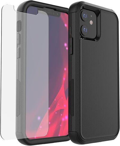حافظة شديدة التحمل لهاتف iPhone 12/12 Pro، حافظة هاتف حماية من السقوط من الدرجة العسكرية بثلاث طبقات [واقي شاشة من الزجاج المقسى] غطاء متين مقاوم للصدمات لهاتف iPhone 12/12 Pro 6.1 بوصة - أسود in Saudi Arabia