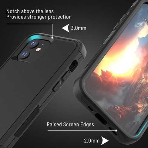 حافظة شديدة التحمل لهاتف iPhone 12/12 Pro، حافظة هاتف حماية من السقوط من الدرجة العسكرية بثلاث طبقات [واقي شاشة من الزجاج المقسى] غطاء متين مقاوم للصدمات لهاتف iPhone 12/12 Pro 6.1 بوصة - أسود in Saudi Arabia