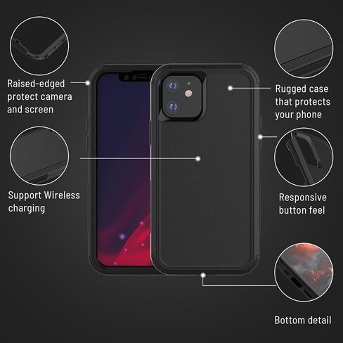 حافظة شديدة التحمل لهاتف iPhone 12/12 Pro، حافظة هاتف حماية من السقوط من الدرجة العسكرية بثلاث طبقات [واقي شاشة من الزجاج المقسى] غطاء متين مقاوم للصدمات لهاتف iPhone 12/12 Pro 6.1 بوصة - أسود in Saudi Arabia