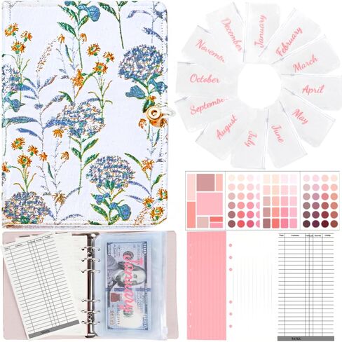 Budget Binder Money Organizer for Cash Vintage Flower Savings Binder A6 Budget Book with 12 Monthly Cash Envelopes, 24 Budegt Sheets, 72pcs Label Stickers (Tulips) in Saudi Arabia
