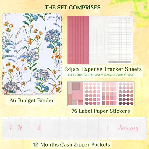 Budget Binder Money Organizer for Cash Vintage Flower Savings Binder A6 Budget Book with 12 Monthly Cash Envelopes, 24 Budegt Sheets, 72pcs Label Stickers (Tulips) in Saudi Arabia