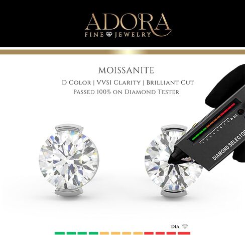 14K Solid White or Yellow Gold Lab Grown Moissanite Diamond Half Bezel Set Stud Earrings | 1.0 or 2.0 CTW | Screw Back or Push Back Posts | Made in USA | By Adora Fine Jewelry in Saudi Arabia