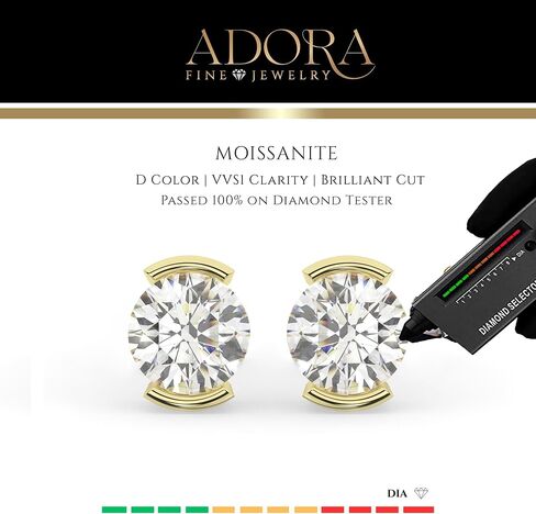 14K Solid White or Yellow Gold Lab Grown Moissanite Diamond Half Bezel Set Stud Earrings | 1.0 or 2.0 CTW | Screw Back or Push Back Posts | Made in USA | By Adora Fine Jewelry in Saudi Arabia