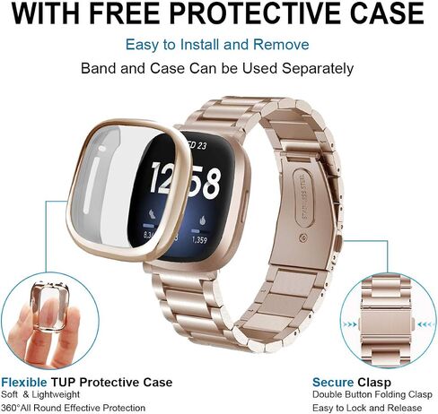 Maxjoy متوافق مع Fitbit Sense/Versa 3 Bands، Versa3 سوار معدني كبير من الفولاذ المقاوم للصدأ مع حافظة واقية للرجال والنساء متوافق مع ساعة Fitbit Sense/Versa 3 in Kuwait
