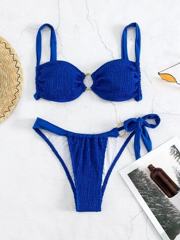 بدلة سباحة نسائية من MakeMeChic مكونة من قطعتين بحلقة ربط وربطة جانبية من الجانب، مجموعة بيكيني لبدلات الاستحمام in Saudi Arabia