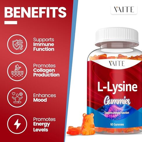 L-Lysine 1000mg Gummies - Supports Skin, Lip,Vegan, Gluten Free, Vitamins for Kids & Adults Tissue Health & Immune System, Chewables, Amino Acid Vitamin Supplement & Complex Supplements, Non-GMO in Saudi Arabia