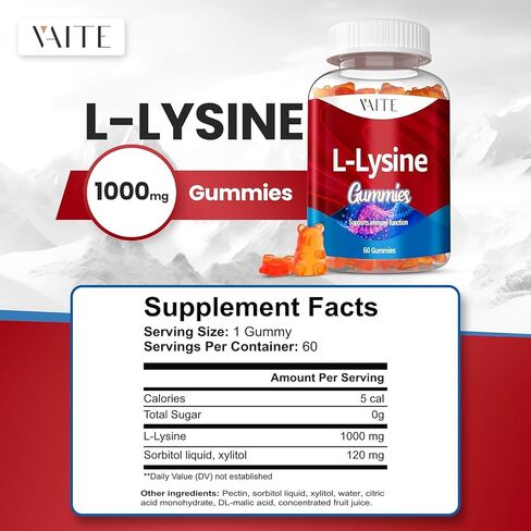 L-Lysine 1000mg Gummies - Supports Skin, Lip,Vegan, Gluten Free, Vitamins for Kids & Adults Tissue Health & Immune System, Chewables, Amino Acid Vitamin Supplement & Complex Supplements, Non-GMO in Saudi Arabia