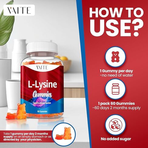 L-Lysine 1000mg Gummies - Supports Skin, Lip,Vegan, Gluten Free, Vitamins for Kids & Adults Tissue Health & Immune System, Chewables, Amino Acid Vitamin Supplement & Complex Supplements, Non-GMO in Saudi Arabia
