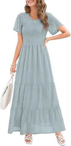 Annebouti 2023 Women's Summer Casual Short Flutter Sleeve Round Neck Boho Floral/Swiss Dot Smocked Tiered Maxi Dress in Saudi Arabia
