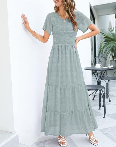 Annebouti 2023 Women's Summer Casual Short Flutter Sleeve Round Neck Boho Floral/Swiss Dot Smocked Tiered Maxi Dress in Saudi Arabia