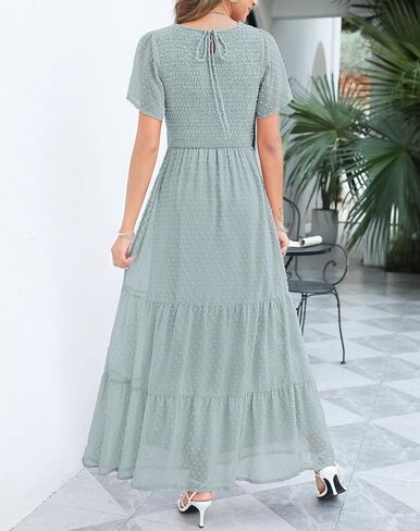 Annebouti 2023 Women's Summer Casual Short Flutter Sleeve Round Neck Boho Floral/Swiss Dot Smocked Tiered Maxi Dress in Saudi Arabia