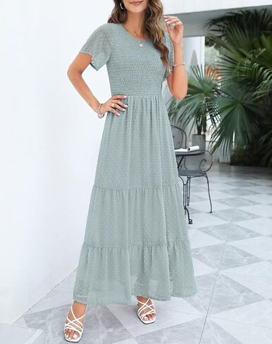 Annebouti 2023 Women's Summer Casual Short Flutter Sleeve Round Neck Boho Floral/Swiss Dot Smocked Tiered Maxi Dress in Saudi Arabia
