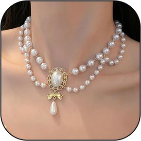 White Pearl Choker Necklaces for Women Long Ribbon Bow Choker Necklace for Girls Ladies Pearl Necklace Gifts