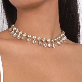 Missgrace Boho Punk Vintage Shiny Silver Gold Rhinestones Choker Necklace for Women Chunky Short Necklace Silver Chain Necklace Jewelry for Women