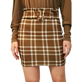 Floerns Women's Plaid Skirt High Waist Belted Bodycon Mini Skirt