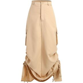 Women Trendy Y2K Cargo Maxi Skirts Vintage Solid High Rise Drawstring Ruched Long Skirt with Pockets Streetwear